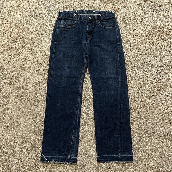 Old Joe Brand Japanese Selvedge Painter Belted Dark Wash Distressed Jeans 30x29